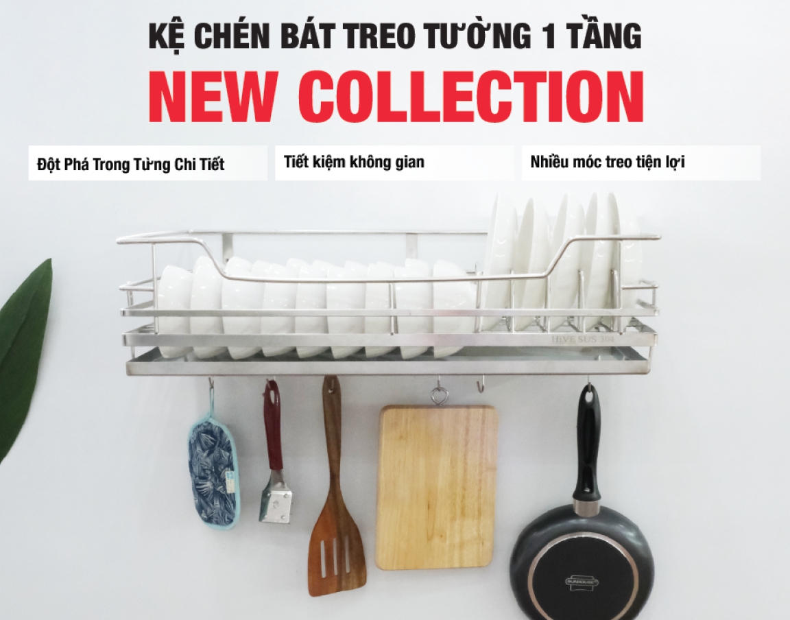 Kệ chén bát treo tường 1 tầng HiVE Inox 304